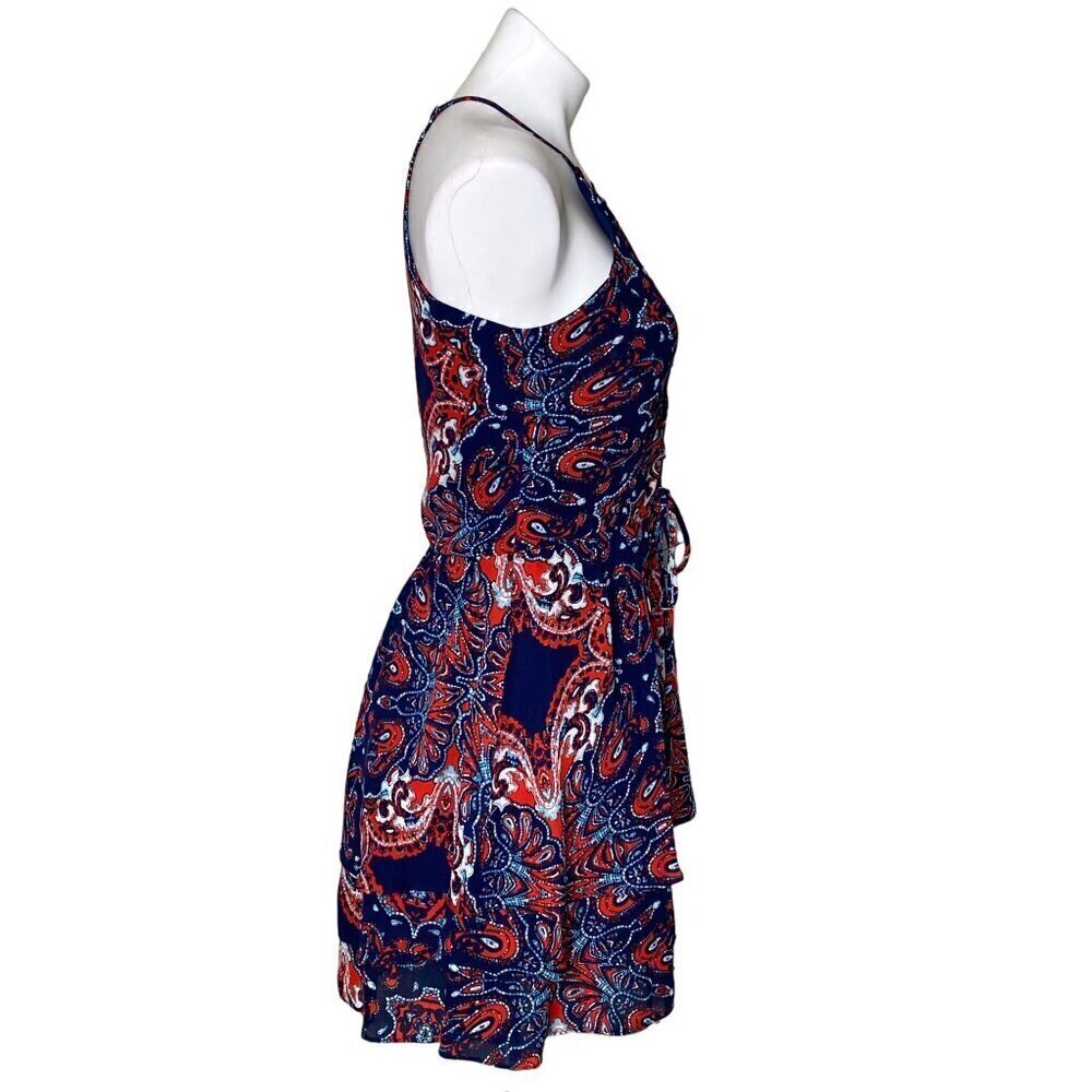 Parker Bandana Print Lace-up Halter Mini Dress, Navy Red Ruffle Hem Women's S - Picture 6 of 12